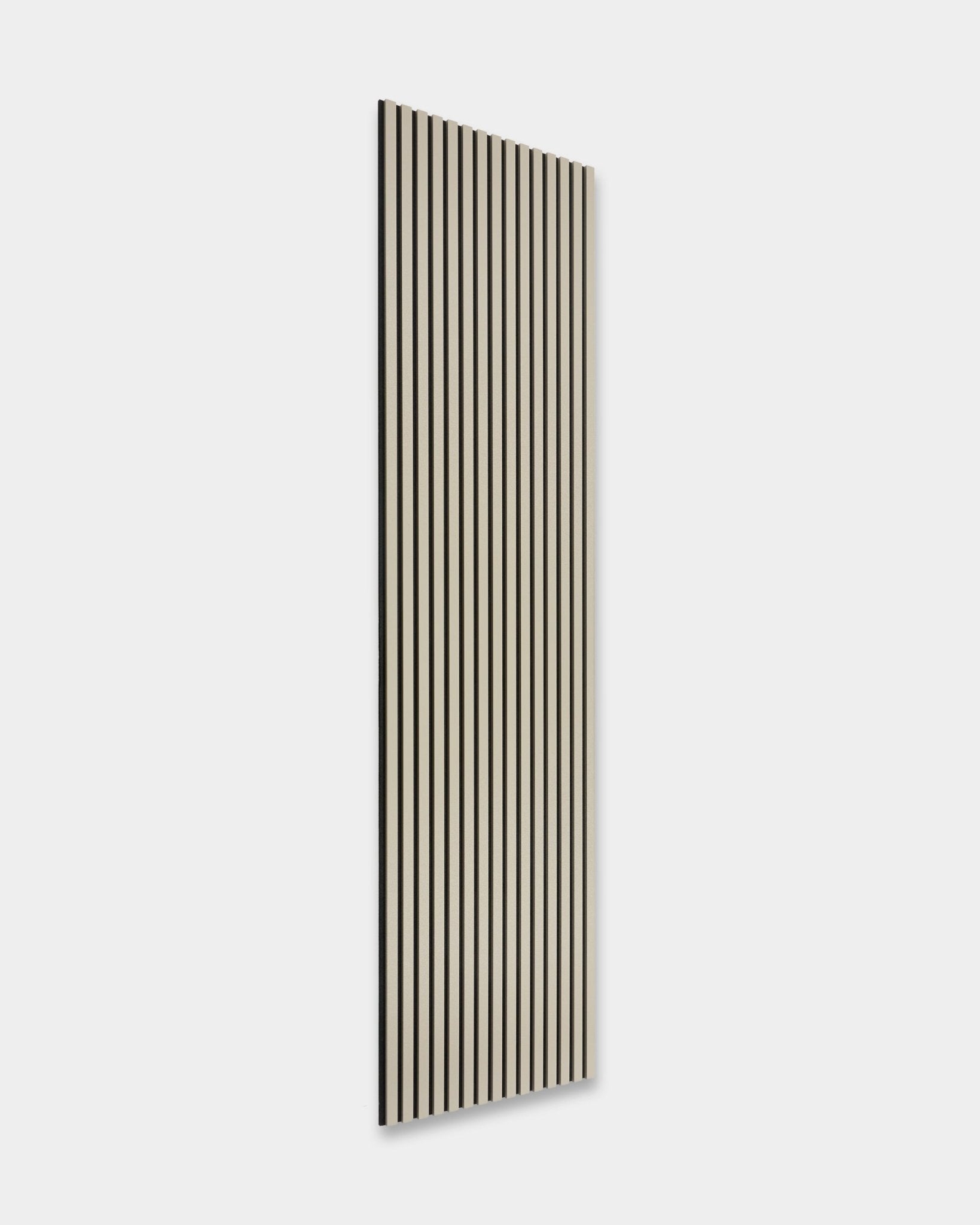 The Hue | Akupanel / Stone by WoodUpp: tall, rectangular acoustic slatwall panel, vertical black and white stripes, 240x60 cm, Nordic minimalist design.